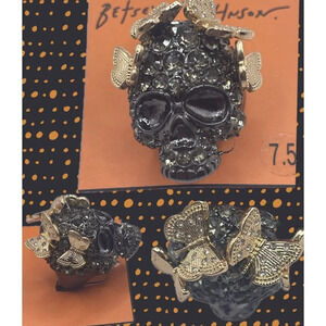 Betsey Johnson Gunmetal Crystal Gold Pave Butterfly Accent Skull Cocktail Ring